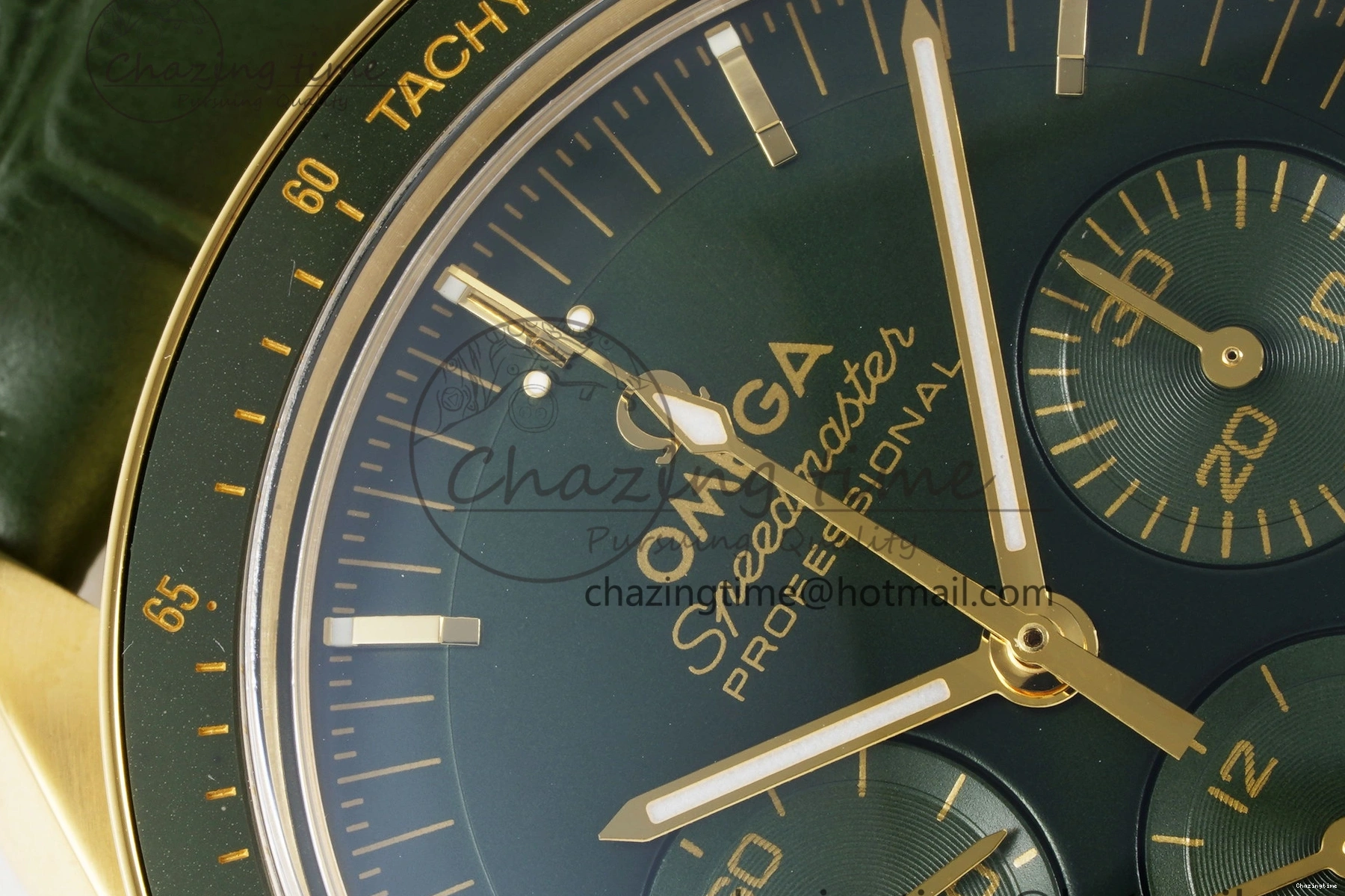 0404 Speedmaster Moonwatch in Moonshine Gold YG RMF Best Edition Green Dial on Green Leather Strap Manual Chrono EasyCare 7832